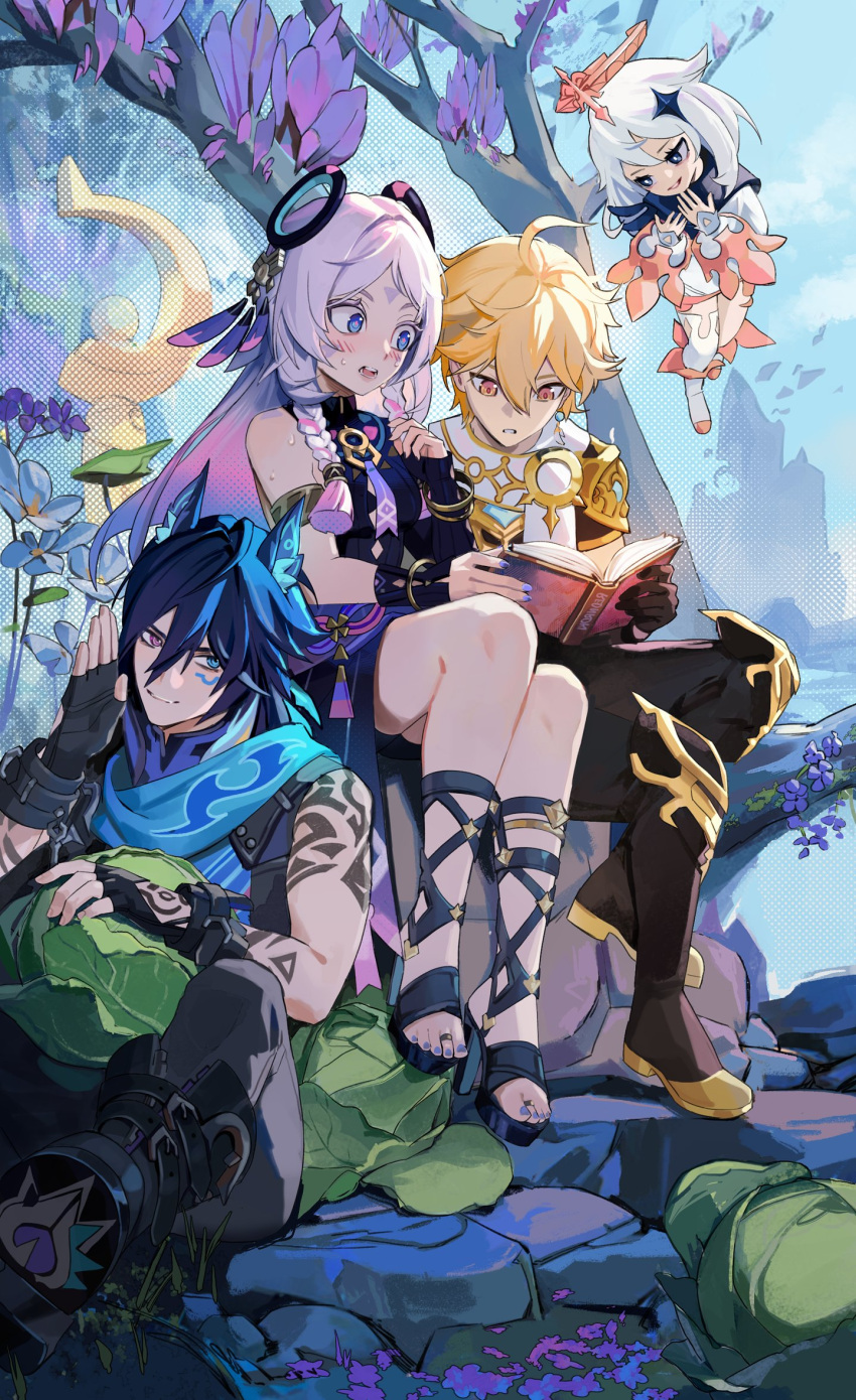 2boys, 2girls, aether_(genshin_impact), ahoge, animal_ears, arm_tattoo, armlet, bat_ears