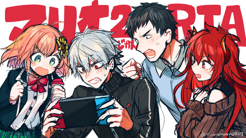 2boys, 2girls, ahoge, bare_shoulders, black_hair, black_jacket, blazer, blue_shirt