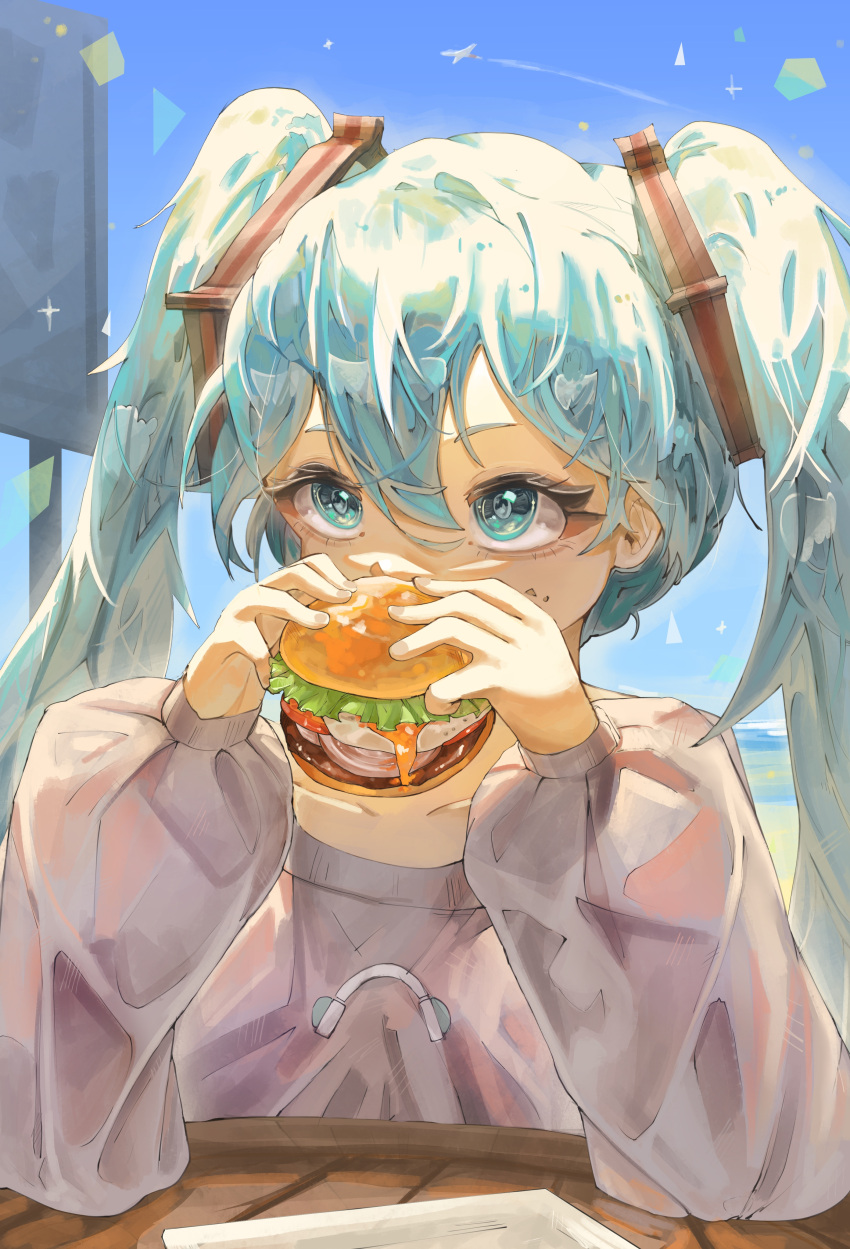 1girl, absurdres, aqua_eyes, aqua_hair, blue_sky, burger, commentary, eating