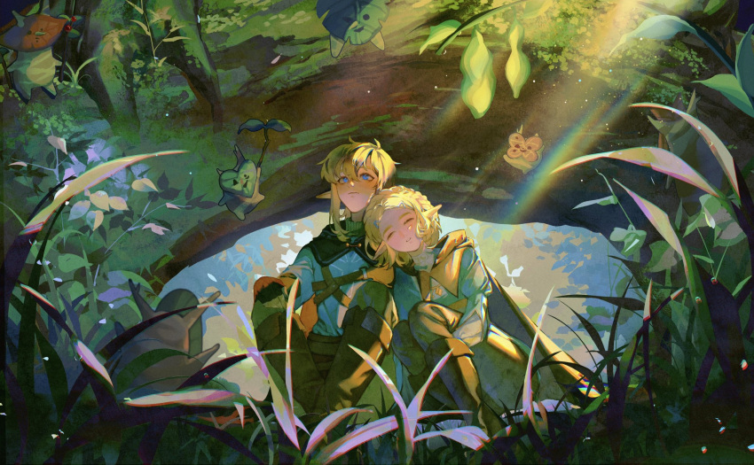 1boy, 1girl, blonde_hair, blue_eyes, blue_tunic, boots, braid, cape, champion's_tunic_(zelda), closed_eyes, closed_mouth, crown_braid, forest, grass, highres, jiuminene, juliet_sleeves, korok, leaf, leaning_on_person, light_rays, link, long_sleeves, looking_up, nature, pants, parted_lips, pointy_ears, princess_zelda, puffy_sleeves, short_hair, sidelocks, sleeping, sleeping_on_person, the_legend_of_zelda, the_legend_of_zelda:_tears_of_the_kingdom, tunic
