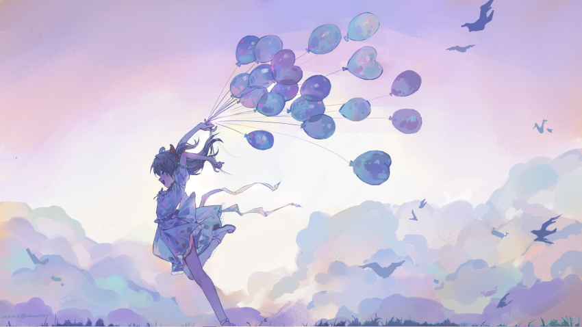 1girl, balloon, bird, brown_hair, closed_eyes, clouds, commentary, dress
