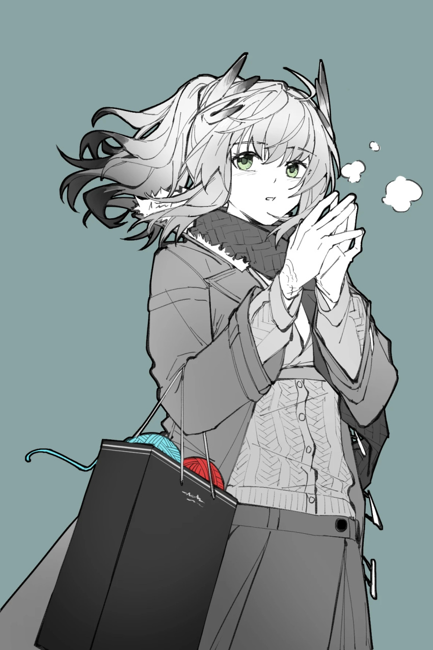 1girl, arknights, bag, bibeak_(arknights), bibeak_(soft_wool)_(arknights), breath, buttons, cable_knit, feather_hair, green_eyes, highres, jacket, layered_sleeves, open_mouth, piaoliu_ping_ping_ping_pingzi, ponytail, scarf, simple_background, skirt, solo, spot_color, steepled_fingers, sweater, yarn, yarn_ball