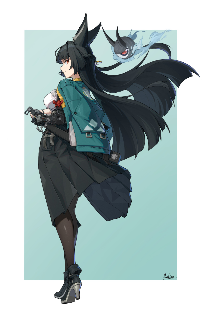 1girl, absurdres, animal_ear_fluff, animal_ears, black_footwear, black_gloves, black_hair, black_pantyhose