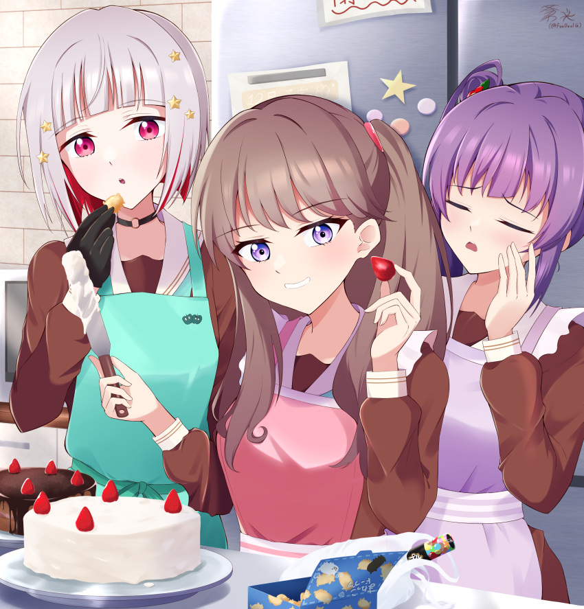 3girls, :o, absurdres, apron, aqua_neckerchief, birthday_cake, black_choker, black_gloves