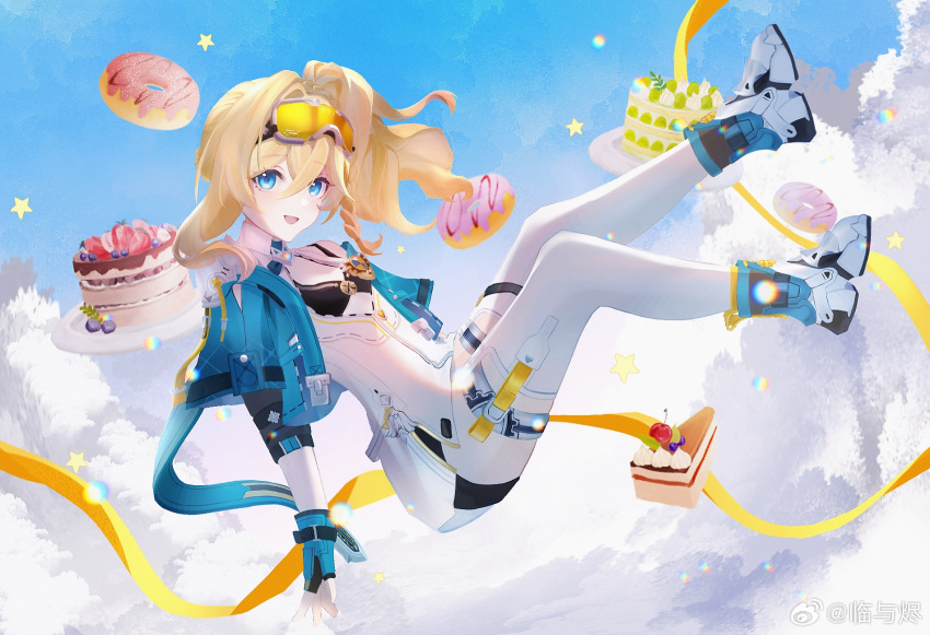 1girl, :d, birthday_cake, blonde_hair, blue_eyes, blue_jacket, bodysuit, breasts