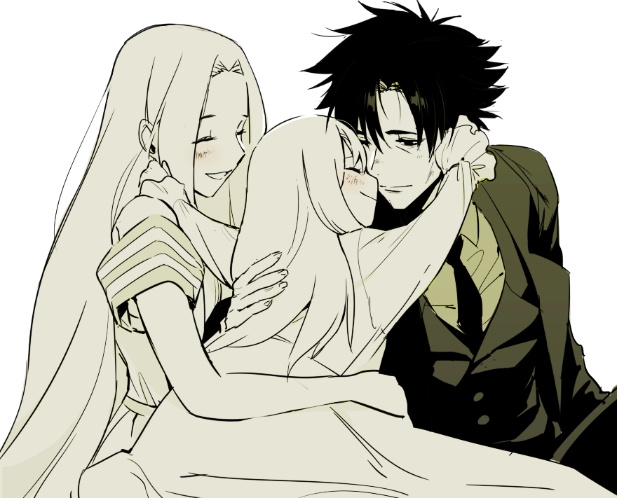 1boy, 2girls, aged_down, child, closed_eyes, coat, commentary_request, dashi_(minzoku_gb)