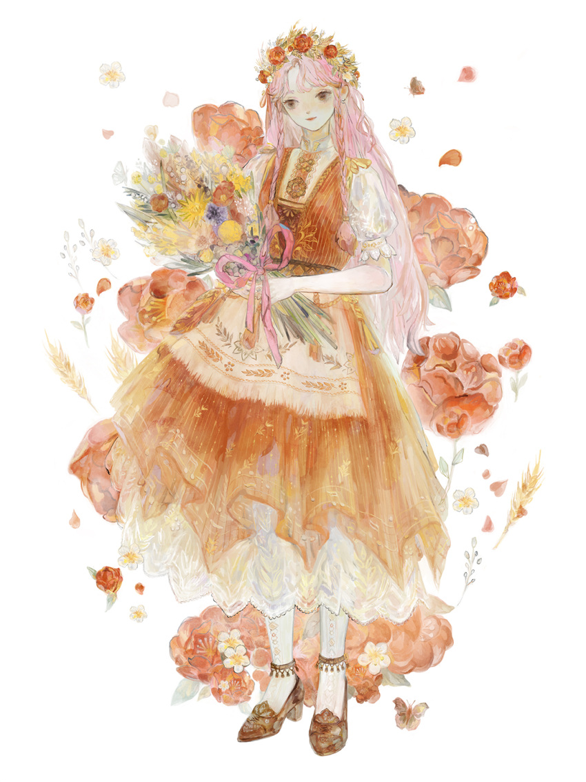 1girl, apron, bare_arms, blunt_bangs, bouquet, braid, brown_eyes, brown_footwear, closed_mouth, collared_shirt, dress, eyelashes, flower, frilled_sleeves, frills, fringe_trim, full_body, head_wreath, high_heels, highres, holding, holding_bouquet, hometown_breeze_(infinity_nikki), infinity_nikki, light_blush, lipstick, long_dress, long_hair, looking_at_object, makeup, nikki_(nikki), nikki_(series), pansy, pantyhose, pink_flower, pink_hair, pinstripe_dress, pinstripe_pattern, pleated_dress, puffy_short_sleeves, puffy_sleeves, purple_flower, red_dress, red_flower, red_lips, red_rose, rose, shenzhiling, shirt, short_sleeves, simple_background, smile, solo, standing, straight_hair, sunflower, twin_braids, very_long_hair, waist_apron, wheat, white_apron, white_background, white_pantyhose, white_shirt, yellow_flower
