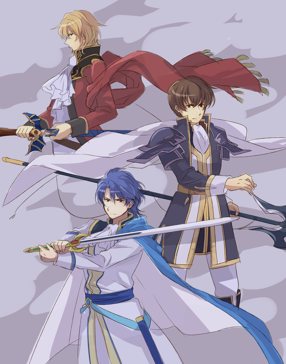 3boys, armor, ascot, belt, black_coat, blonde_hair, blue_belt, blue_cape
