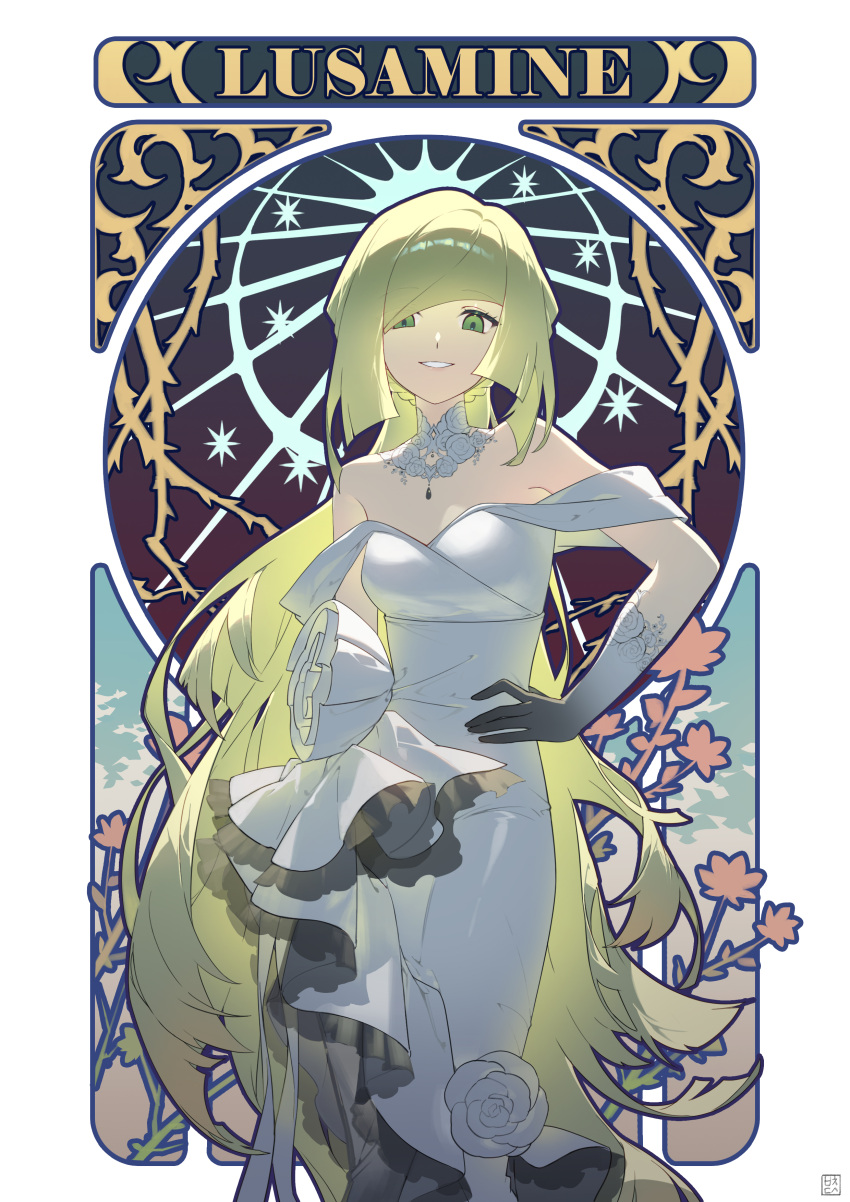 1girl, absurdres, blonde_hair, character_name, dress, elbow_gloves, gloves, green_eyes