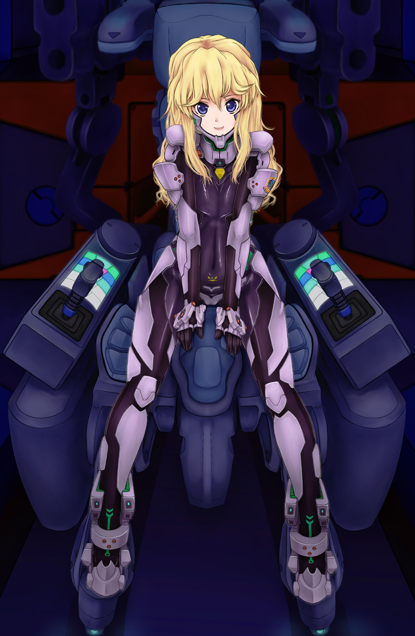 blonde_hair, blue_eyes, bodysuit, breast_squeeze, breasts, cockpit, highres, joystick