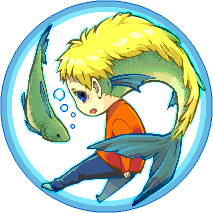 1boy, animal, blonde_hair, bubble, chibi, commentary_request, fins, fish