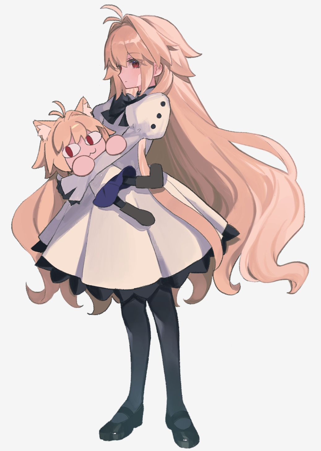 2girls, :3, animal_ears, antenna_hair, arcueid_brunestud, black_bow, black_bowtie, black_footwear, black_pantyhose, blonde_hair, blue_skirt, bow, bowtie, cat_ears, cat_girl, cat_tail, chibi, commentary_request, dress, eco-arc, expressionless, full_body, grey_background, highres, juliet_sleeves, lifting_person, long_hair, long_sleeves, looking_at_viewer, mary_janes, multiple_girls, neco-arc, pantyhose, puffy_sleeves, red_eyes, shirt, shoes, simple_background, skirt, tail, tsukihime, tsukihime_(remake), uxco0, very_long_hair, white_dress, white_shirt