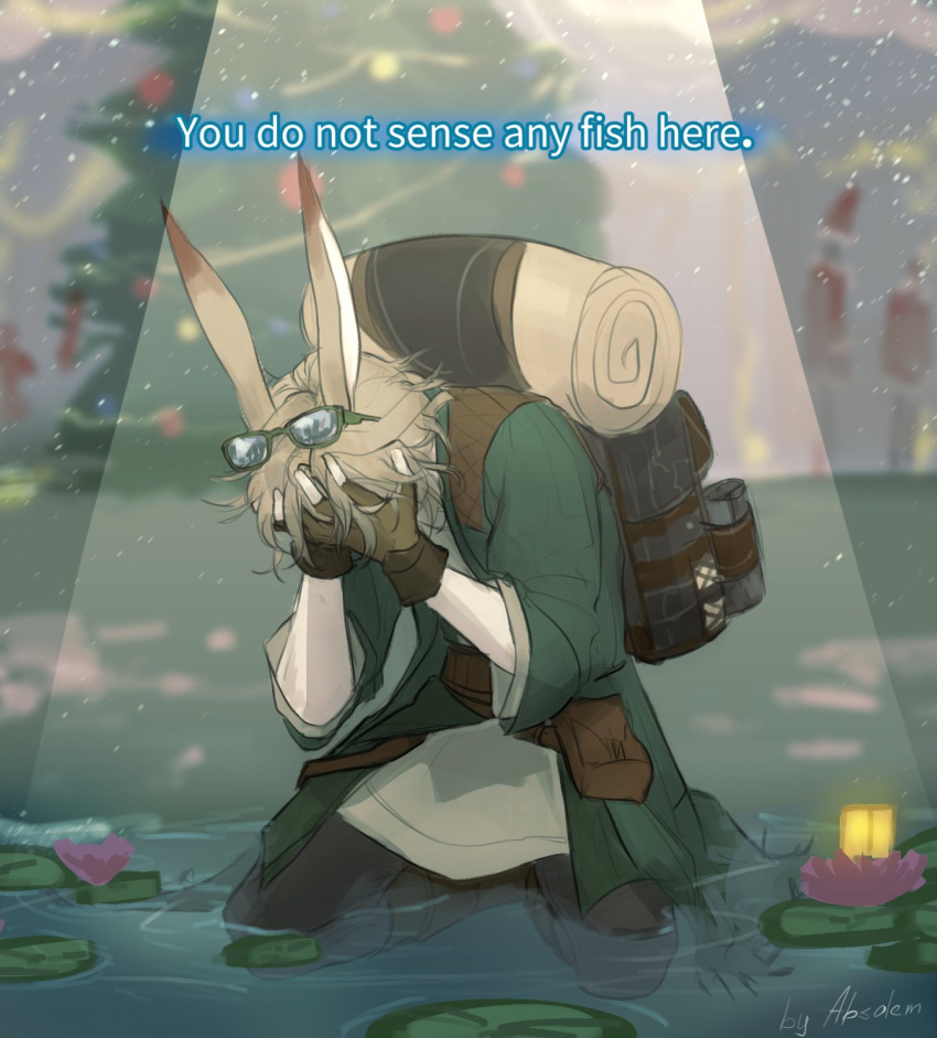 1boy, absolem0, animal_ears, artist_name, backpack, bag, black_pants, blurry, blurry_background, brown_gloves, christmas_tree, coat, covered_face, covering_face, despair, english_text, eyewear_on_head, final_fantasy, final_fantasy_xiv, fingerless_gloves, full_body, gameplay_mechanics, gloves, green_coat, hands_on_own_face, highres, male_focus, outdoors, pants, rabbit_ears, shallow_water, short_hair, signature, solo, spotlight, viera, warrior_of_light_(ff14), water, white_hair