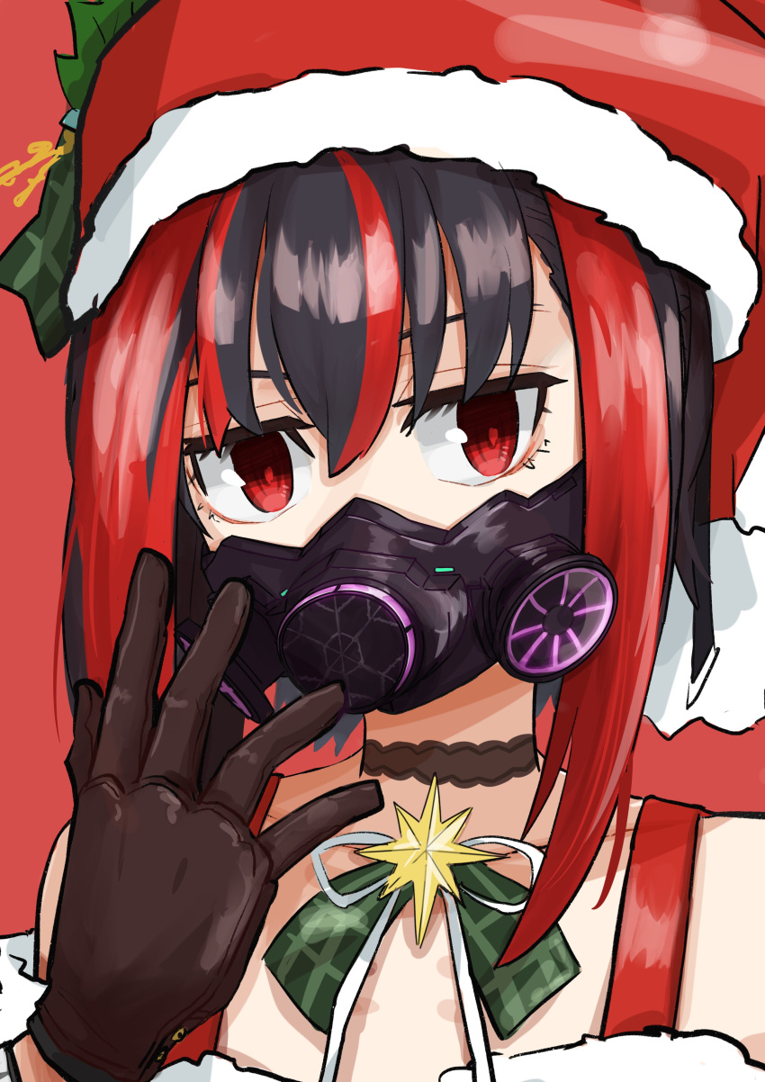 absurdres, black_gloves, black_hair, choker, christmas, dress, fur-trimmed_dress, fur-trimmed_headwear