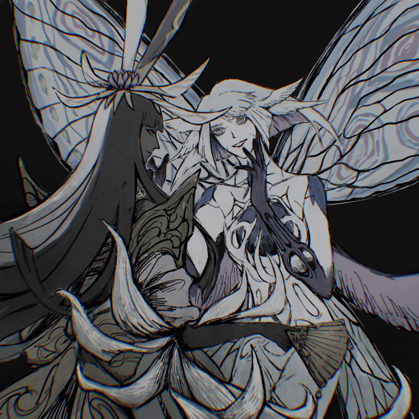 2girls, animal_ears, arthropod_girl, athena_(ff14), black_background, black_hair, black_skin, colored_skin