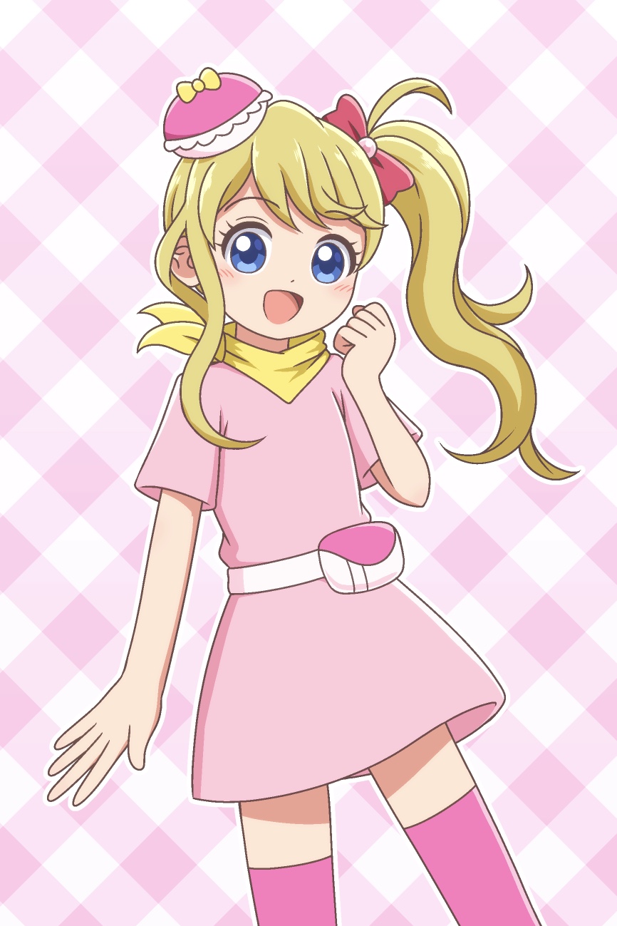 1girl, :d, bandai, bandana, bandana_around_neck, blonde_hair, blue_eyes, blush, broadcaster_connection, clenched_hand, coffretchi, coffretchi_(cosplay), commentary, company_connection, cosplay, cowboy_shot, dot_nose, dress, fanny_pack, gingham_background, hair_ornament, hair_ribbon, hand_up, highres, hoshinogawa_haruka, kato-shun, kirakira_happy_hirake!_cocotama, long_hair, looking_at_viewer, open_mouth, pact_hair_ornament, pink_background, pink_dress, pink_ribbon, pink_thighhighs, ponytail, ribbon, short_dress, short_sleeves, side_ponytail, smile, solo, standing, swept_bangs, tamagotchi, tamagotchi!_(anime), tamagotchi!_yume_kira_dream, thigh-highs, tv_tokyo, wavy_hair, yellow_bandana