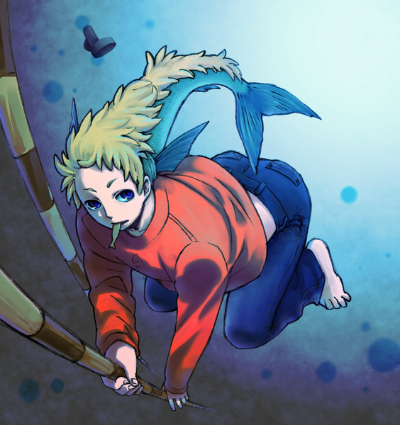 1boy, blonde_hair, blue_background, blue_eyes, fins, fish_boy, fish_takenaka, full_body