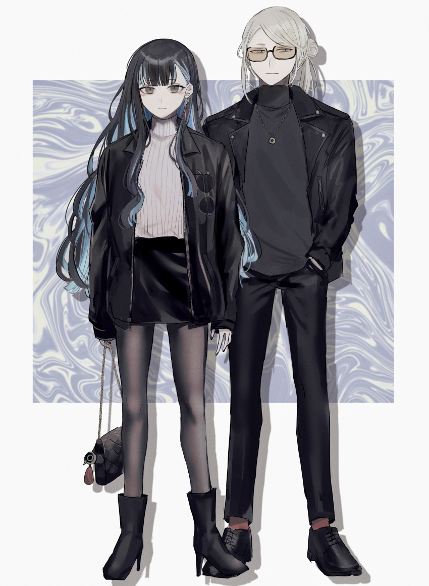 1boy, 1girl, absurdres, bag, black_hair, black_jacket, black_pants, black_pantyhose