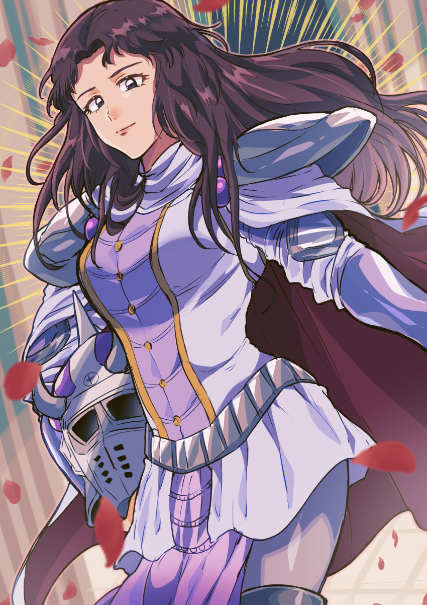 1girl, absurdres, armor, belt, black_eyes, breasts, brown_hair, cape