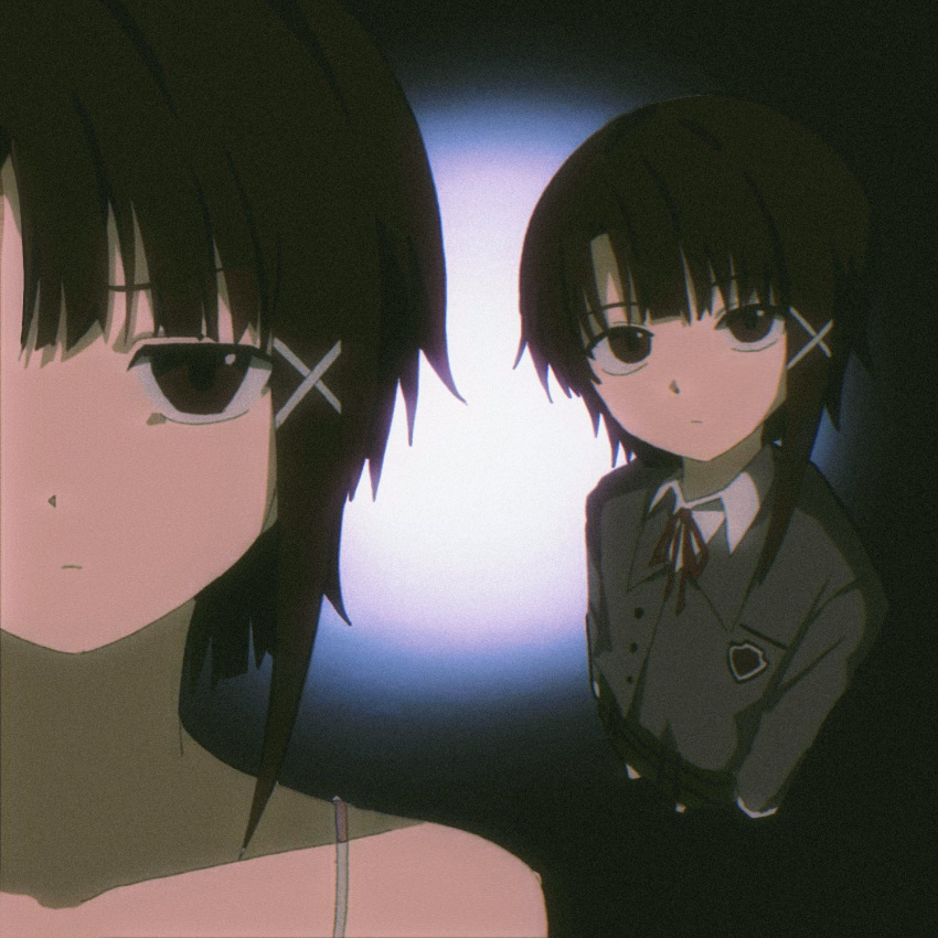 1girl, asymmetrical_hair, brown_eyes, brown_hair, buttons, camisole, closed_mouth, coat