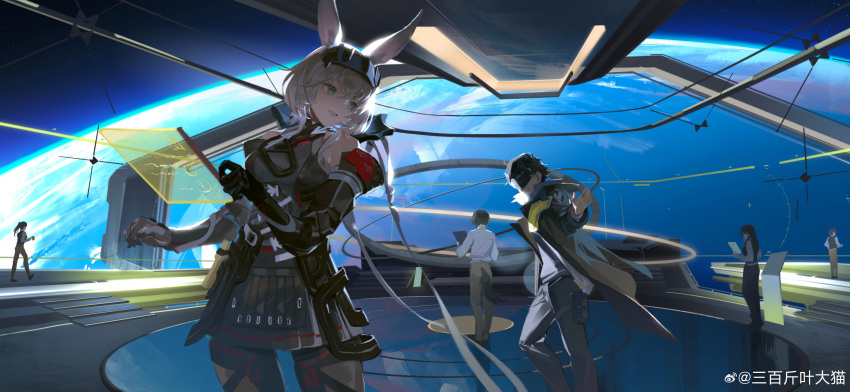 3boys, 3girls, absurdres, animal_ears, arknights, arknights:_endfield, bare_shoulders, black_gloves