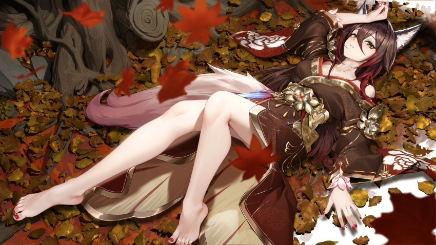 1girl, animal_ears, barefoot, brown_kimono, fox_ears, fox_girl, fox_tail, fuann