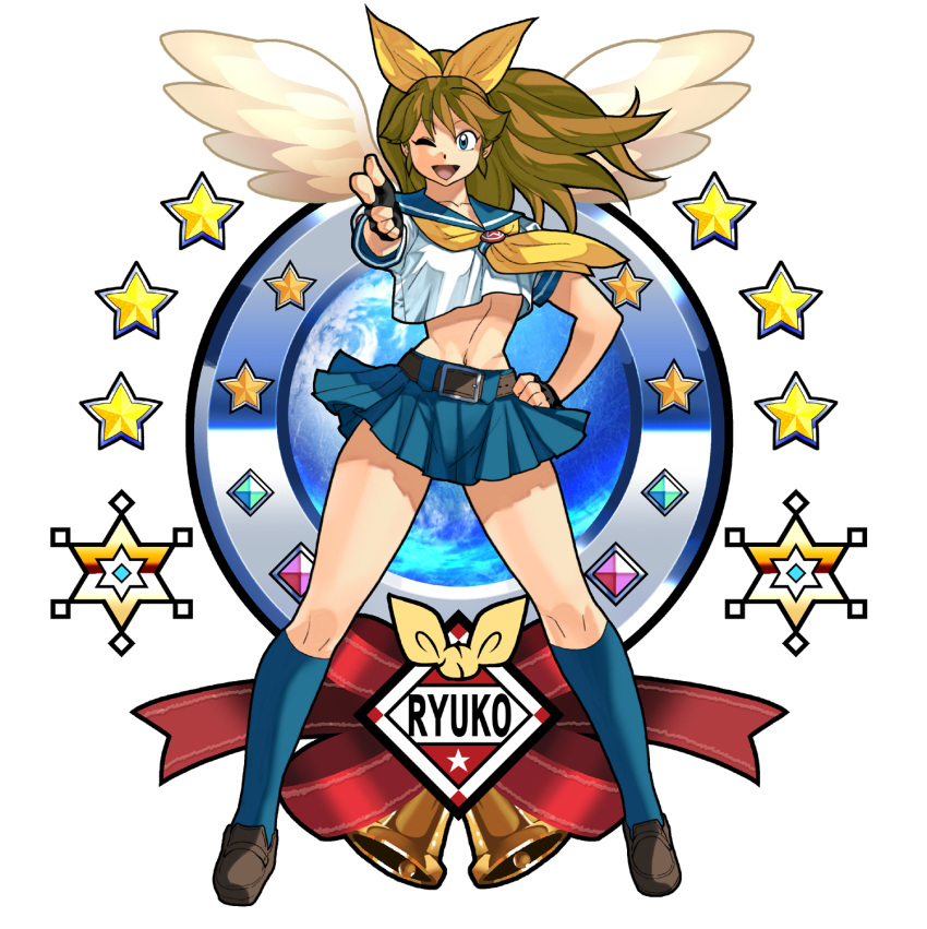 belt, black_gloves, blue_eyes, blue_skirt, brown_hair, fingerless_gloves, gloves, hair_bow