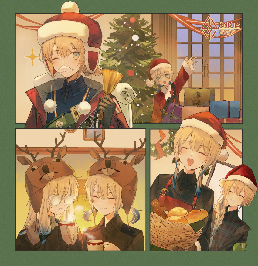 animal_costume, antlers, baker_nemo_(fate), baker_nemo_(santa)_(fate), basket, bell, black_shirt, blonde_hair, blue_eyes, box, braid, bread, captain_nemo_(fate), captain_nemo_(santa)_(fate), christmas, christmas_lights, christmas_ornaments, christmas_tree, closed_eyes, collared_shirt, cup, down_jacket, dress, engineer_nemo_(fate), engineer_nemo_(santa)_(fate), fake_antlers, fate/grand_order, fate_(series), fireplace, fogged_glasses, food, fur-trimmed_headwear, fur_hat, fur_trim, gift, gift_box, gingerbread_man, glasses, happy, hat, highres, holding, holding_bell, holding_cup, horns, jacket, long_sleeves, low-tied_sidelocks, low_twintails, marine_nemo_(fate), marine_nemo_(santa)_(fate), mole, mole_under_mouth, mug, nemo_(fate), nurse_nemo_(fate), nurse_nemo_(santa)_(fate), one_eye_closed, open_mouth, plaid_clothes, plaid_shirt, professor_nemo_(fate), professor_nemo_(santa)_(fate), red_jacket, reindeer_antlers, reindeer_costume, reindeer_hat, santa_costume, santa_dress, santa_hat, sherry_0014, shirt, short_twintails, single_braid, smile, sparkle, twintails, ushanka