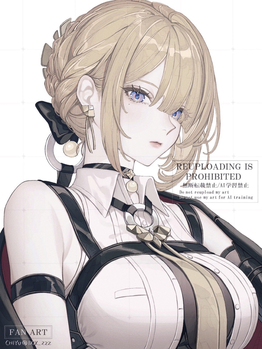 1girl, ao_(ao0_0nemu), armband, bare_shoulders, black_armband, black_choker, blonde_hair, braid, choker, collared_shirt, evelyn_chevalier, highres, jacket, jacket_on_shoulders, looking_at_viewer, portrait, ribbon, shirt, short_hair, sleeveless, sleeveless_shirt, solo, white_background, white_shirt, zenless_zone_zero