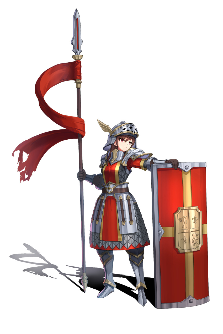 1girl, absurdres, arm_armor, armor, armored_boots, banner, boots, brown_gloves