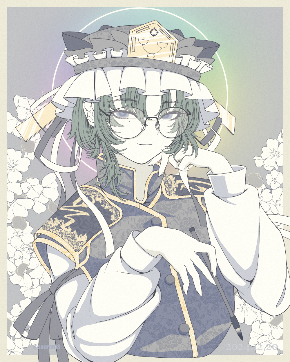 1girl, bespectacled, between_fingers, blue_eyes, border, buttons, calligraphy_brush, closed_mouth, collared_vest, commentary_request, cropped_torso, dated, floral_print_vest, flower, frilled_hat, frills, glasses, gold_trim, green_hair, hands_up, hat, hat_ribbon, highres, holding, holding_brush, light_smile, limited_palette, long_sleeves, looking_at_viewer, mole, mole_under_eye, paintbrush, partial_commentary, petals, ribbon, shiki_eiki, shirt, short_hair, sleeve_ribbon, solo, soretsu_nitohei, touhou, twitter_username, upper_body, vest
