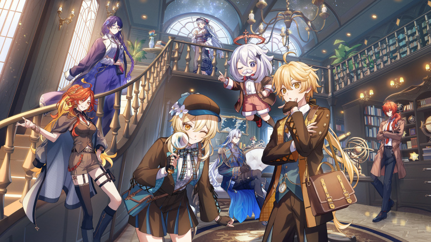 3boys, 5girls, absurdres, aether_(genshin_impact), ahoge, alternate_costume, aoiro_oto, arm_up
