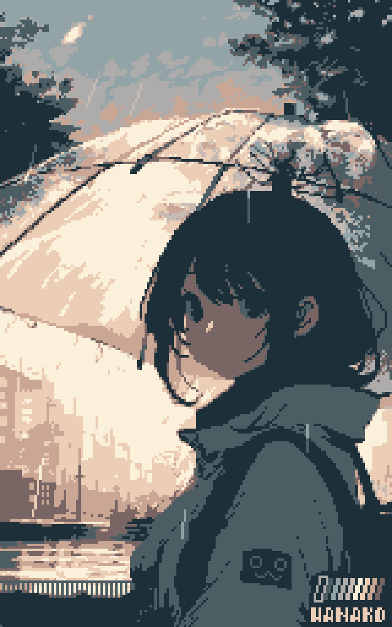 1girl, artist_name, backlighting, backpack, bag, black_eyes, black_hair, building, city, color_guide, grey_jacket, highres, holding, holding_umbrella, jacket, limited_palette, looking_at_viewer, original, outdoors, pixel_art, rain, sky, solo, specialhanako, transparent, transparent_umbrella, tree, umbrella, water