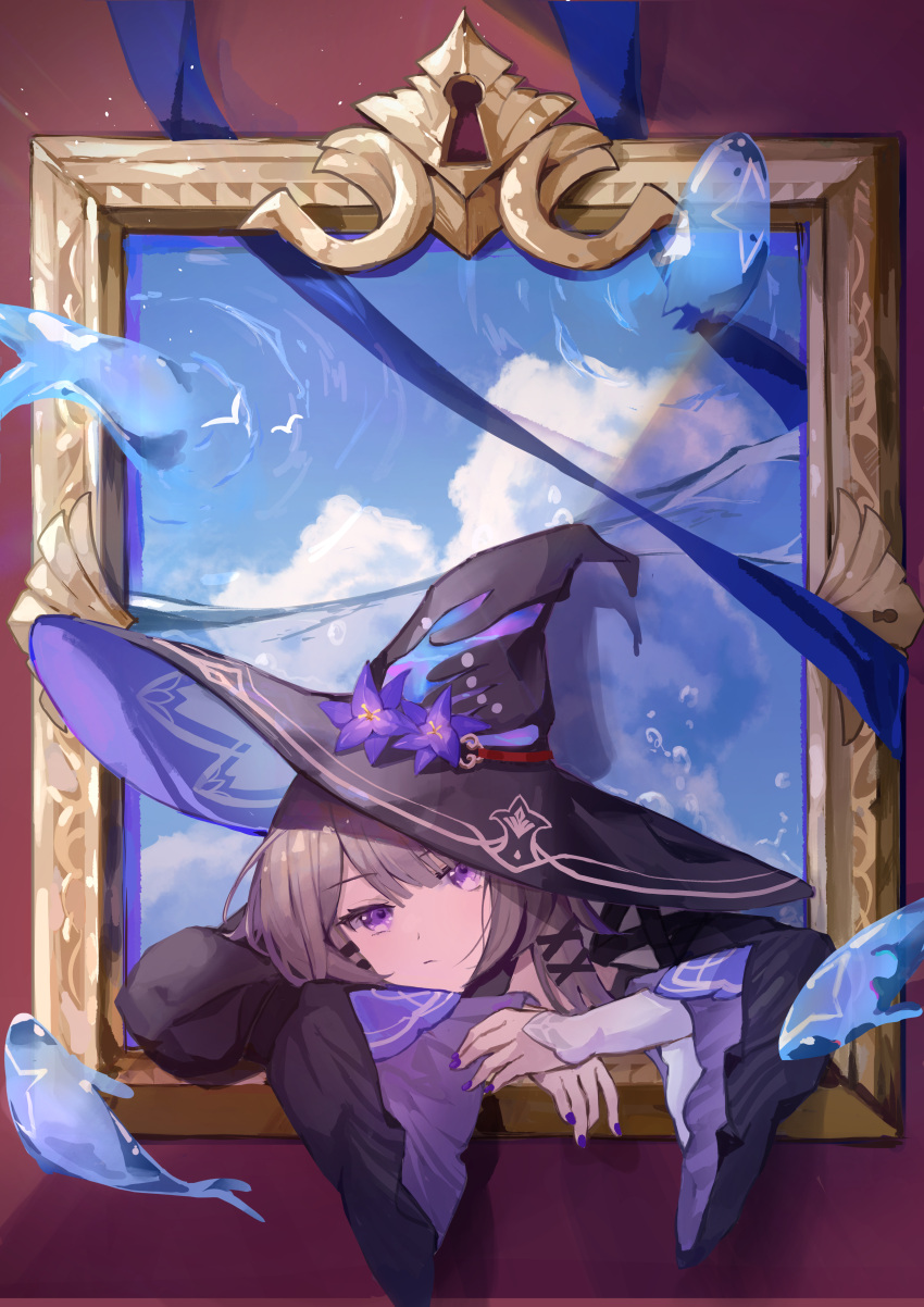 1girl, absurdres, arm_rest, black_hat, blue_sky, border, brown_hair, closed_mouth