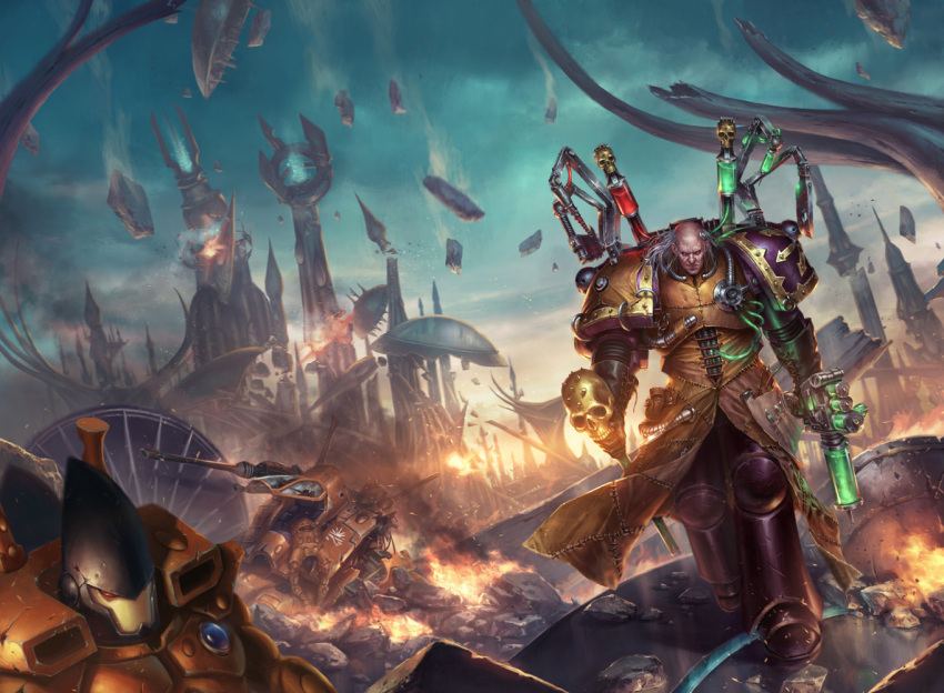 3boys, adeptus_astartes, after_battle, apothecary_(warhammer_40k), armor, balding, cane, chaos_(warhammer)