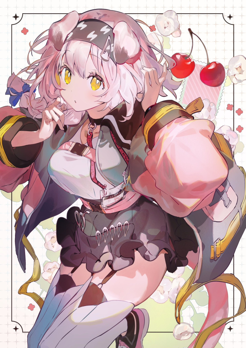 1girl, :o, animal_ears, arknights, black_hair, black_jacket, black_skirt, braid