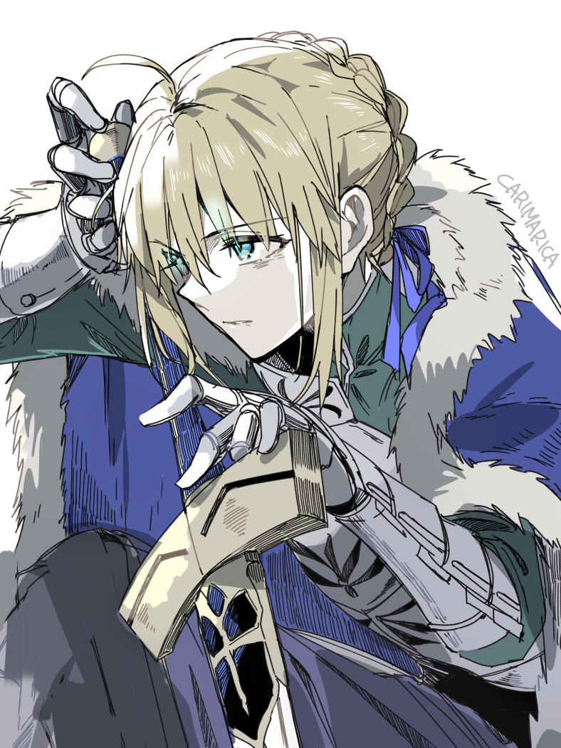 1girl, ahoge, armor, artist_name, artoria_pendragon_(fate), blonde_hair, braid, cape