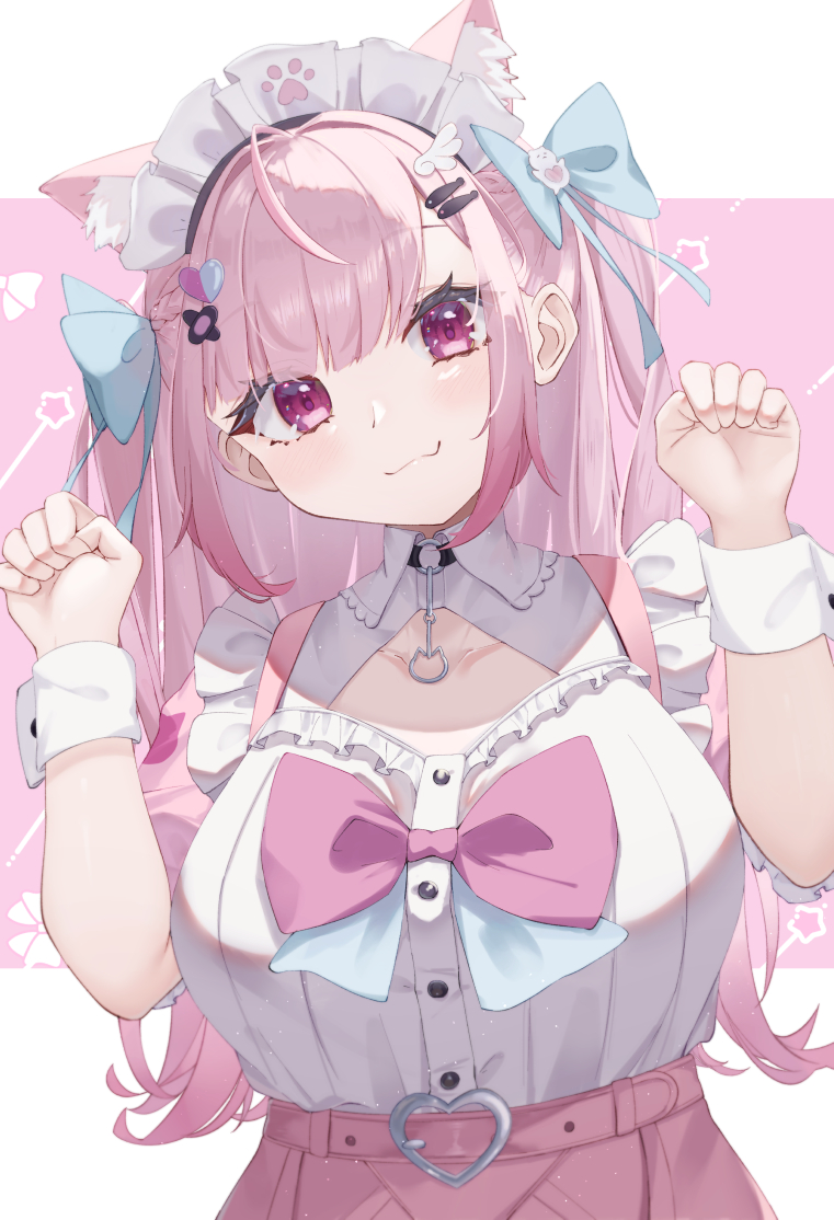1girl, :3, ahoge, animal_ear_fluff, animal_ears, belt, black_choker, blue_bow