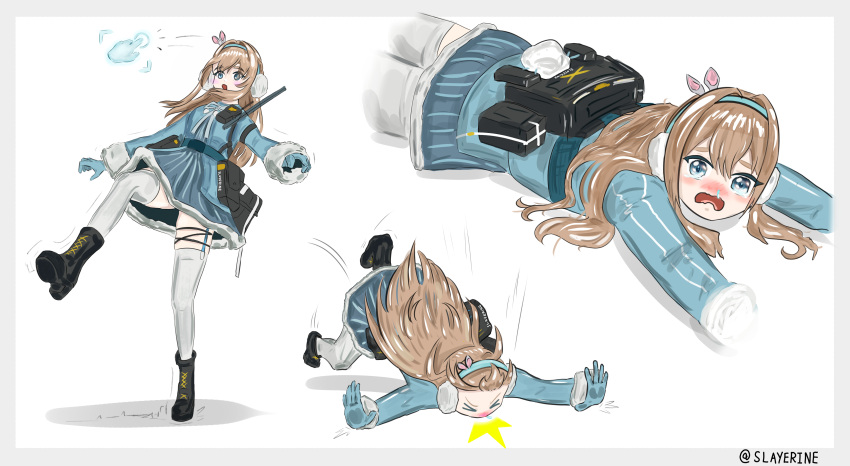 >_<, 1girl, absurdres, apu_spills_his_tendies_(meme), black_footwear, blonde_hair, blue_dress, blue_eyes
