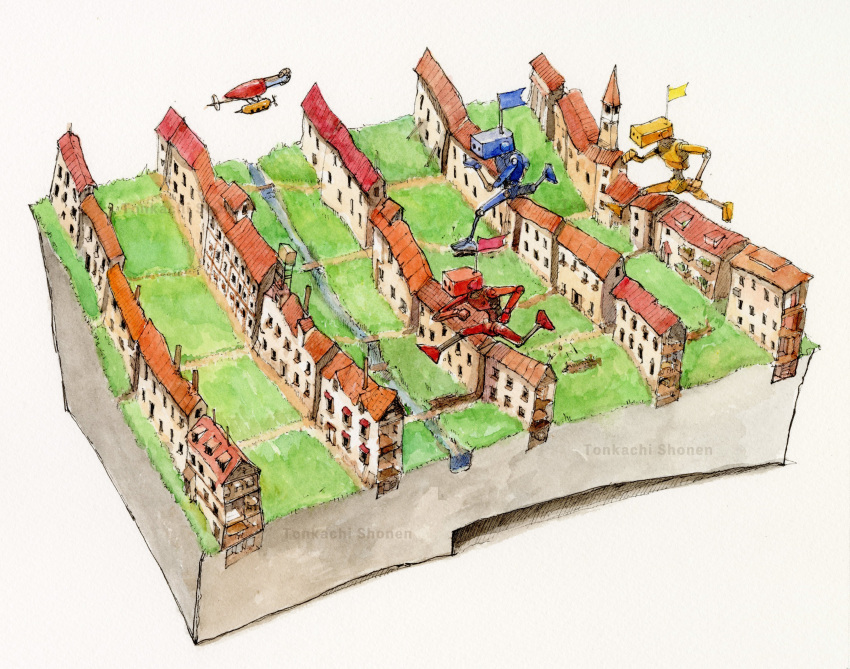 absurdres, aircraft, flag, footprints, grass, highres, house, jumping