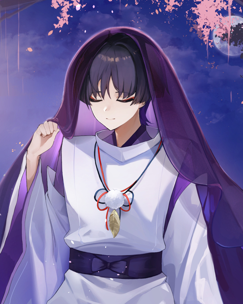 1boy, cape, cherry_blossoms, closed_eyes, closed_mouth, full_moon, genshin_impact, hair_between_eyes