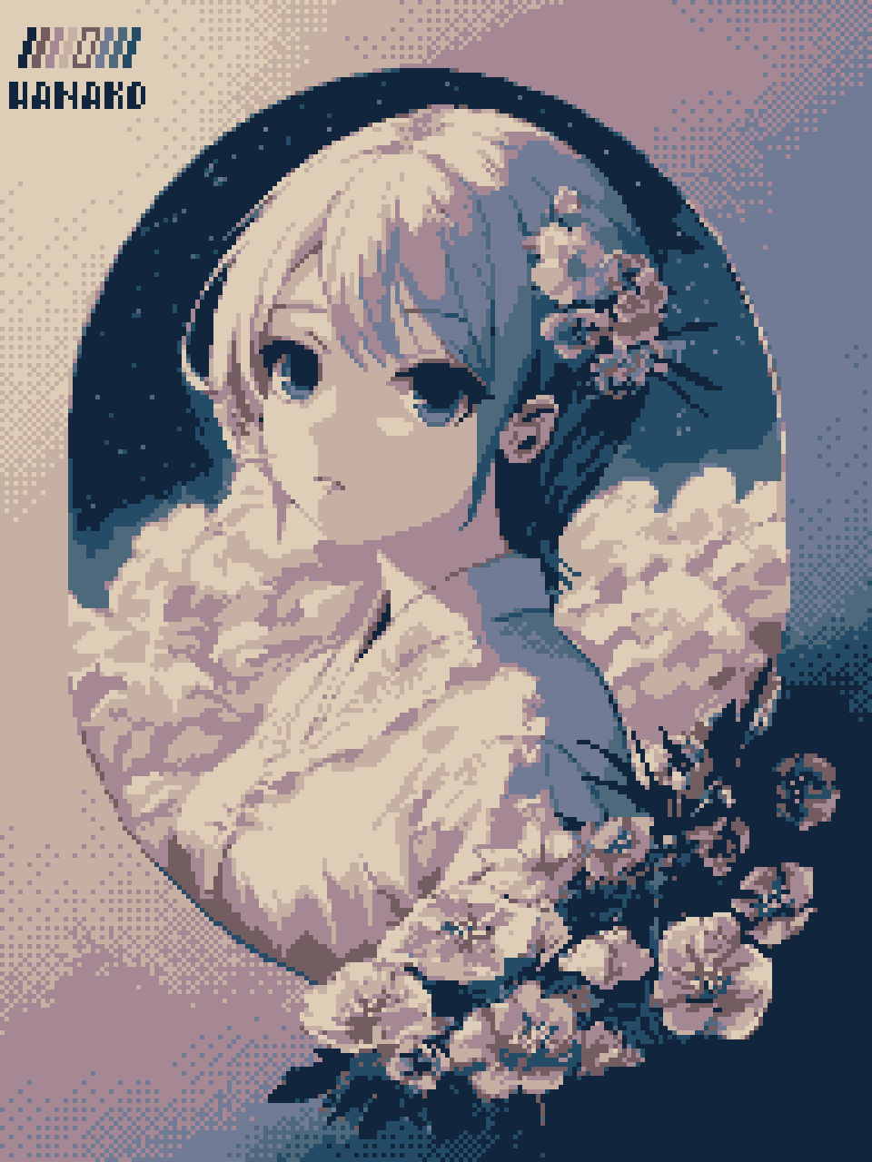 1girl, artist_name, blue_eyes, border, clouds, color_guide, cumulonimbus_cloud, dithering