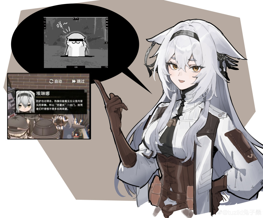 1girl, absurdres, black_hairband, black_necktie, breasts, brown_background, brown_corset, brown_gloves