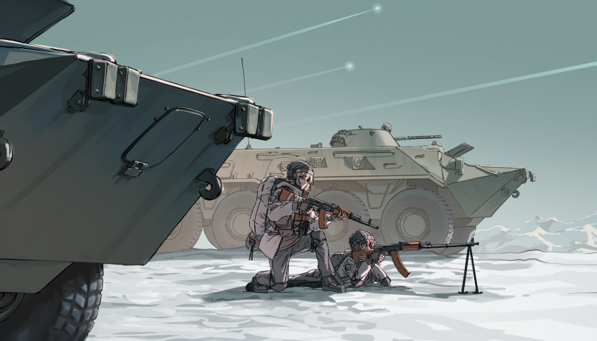 2girls, aiming, ak-74, armored_personnel_carrier, armored_vehicle, assault_rifle, backpack, bag