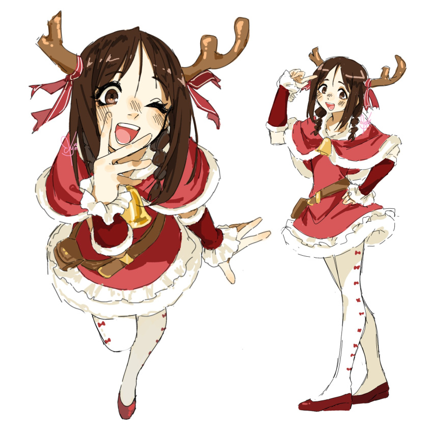 1girl, ;d, antler_ribbon, antlers, azumanga_daioh, braid, brown_eyes, brown_hair
