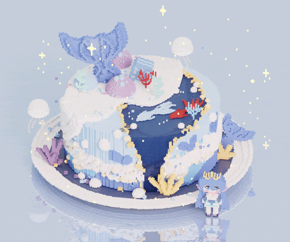 1girl, animated, animated_gif, artist_request, birthday_cake, blue_eyes, blue_hair, blush