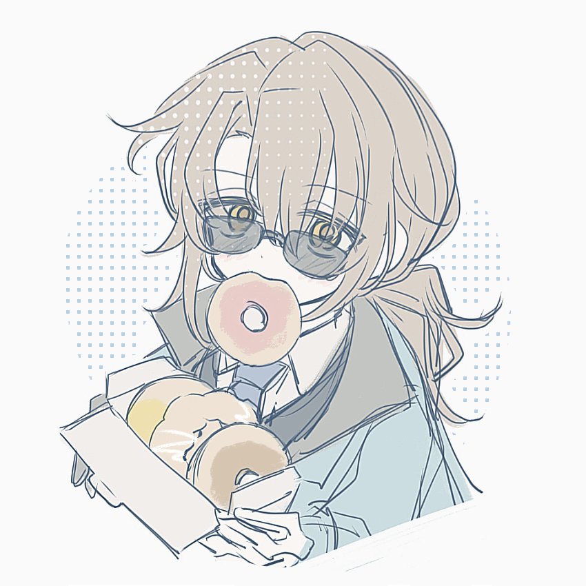 1girl, blue_coat, blue_necktie, box, brown_eyes, brown_hair, chatami_suu, coat, collared_shirt, doughnut, food, genderswap, genderswap_(mtf), gregor_(project_moon), hands_up, holding, holding_box, limbus_company, long_sleeves, looking_at_viewer, necktie, project_moon, shirt, simple_background, solo, sunglasses, white_background, white_shirt, zwei_association_(identity)_(project_moon)