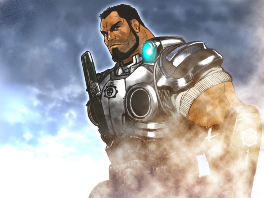 1boy, armor, beard_stubble, black_hair, chinstrap_beard, clouds, cloudy_sky, connected_beard