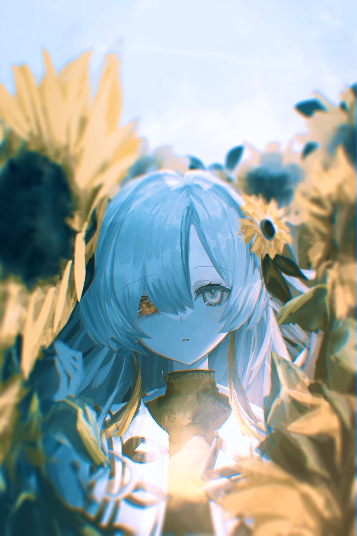 1girl, blonde_hair, blue_sky, dress, expressionless, field, flower, flower_field