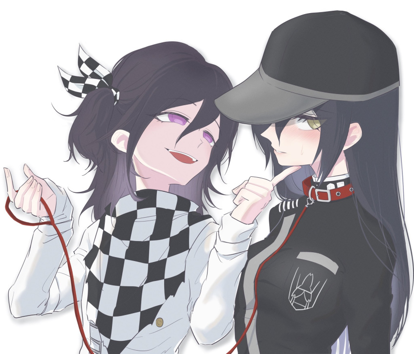 2girls, animal_collar, black_hair, black_hat, black_jacket, breast_pocket, breasts, brown_eyes